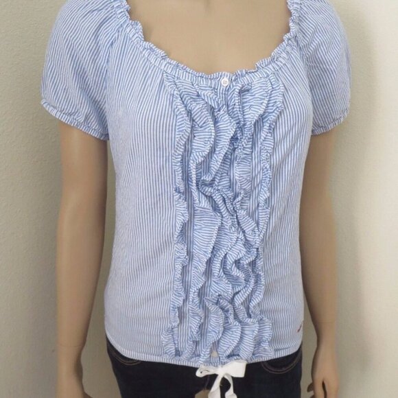 Hollister Womens Ruffle Top Size Small Shirt Blouse Striped Blue & White Bow - Picture 3 of 5
